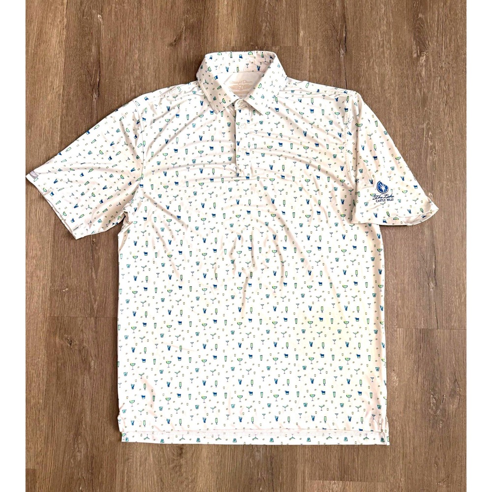 Straight Down Cocktail Print Golf Polo Shirt Men's Medium White The Lakes Castle
